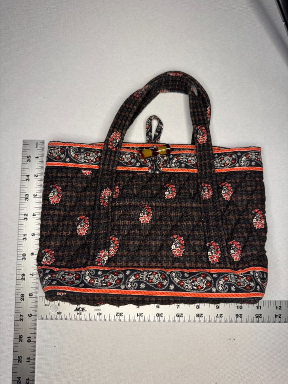 Vera Bradley Vintage Houndstooth Small Tote Handbag Brown Red Floral Retired